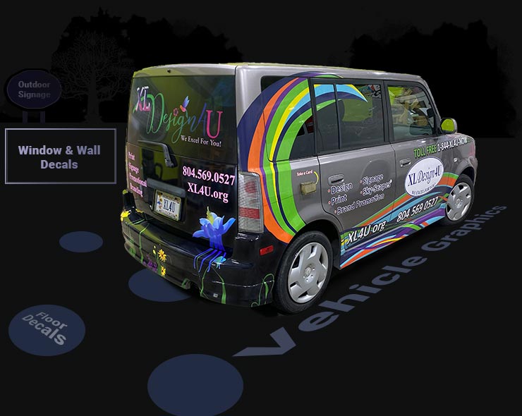 Composite of Vehicle graphics, floor decals, window stickers and outdoor signs